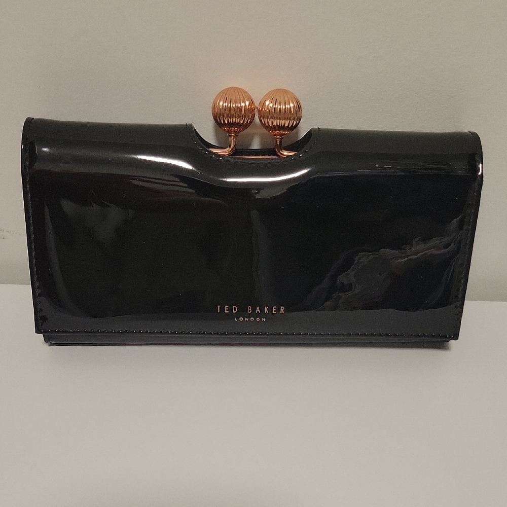 Ted Baker Black Patent Clutch with Gold Accents